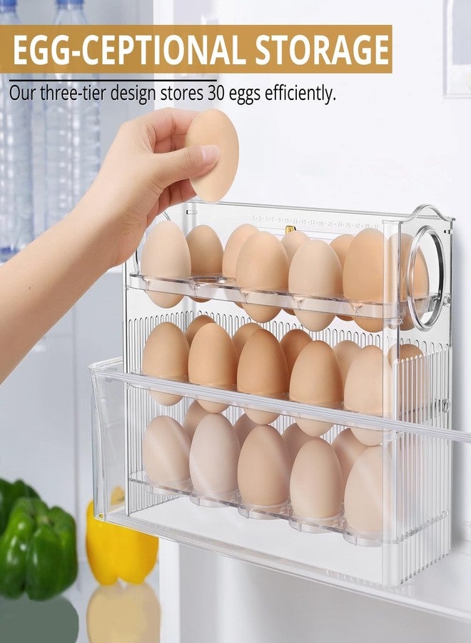 Flexzion Flippable Egg Fridge Organizer - Slim Egg Holder for Refrigerator Door 30-Egg Capacity Clear Egg Saver for Fridge 3-Layer Egg Storage Container for Refrigerator with Freshness Tracker - Image 2